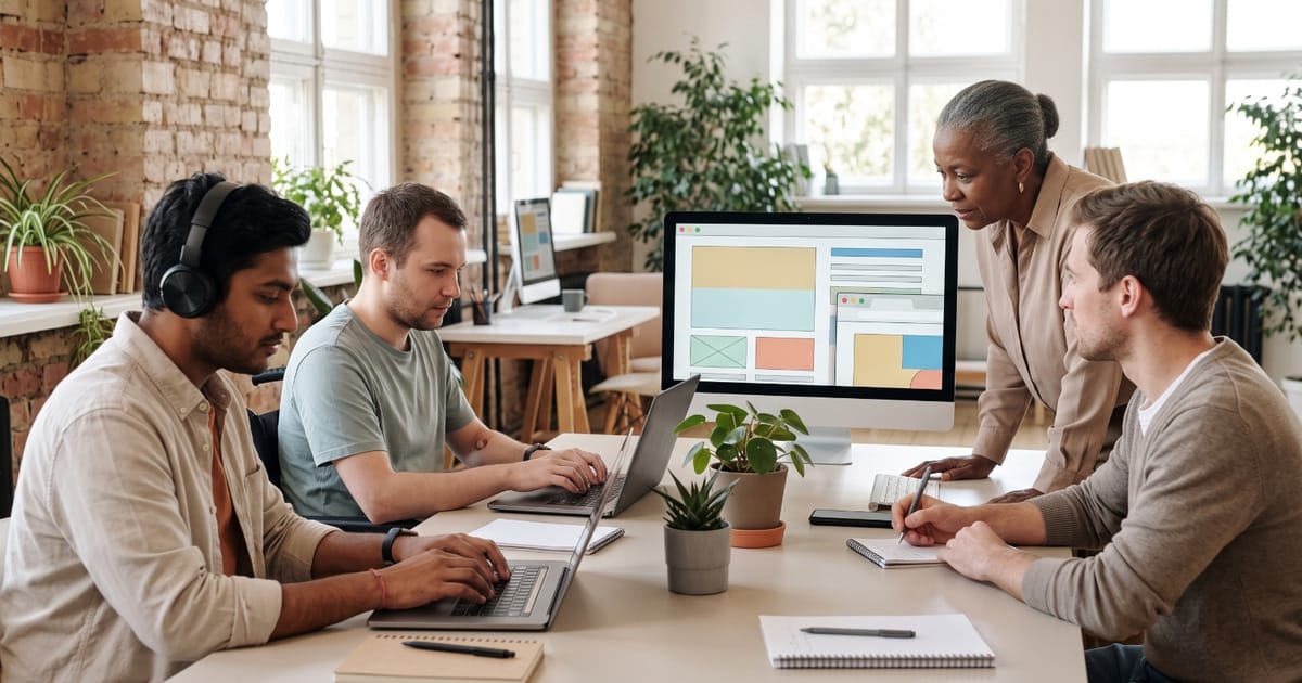 Team of four people reviewing a web page layout together on a screen, with laptops and notebooks on the table
