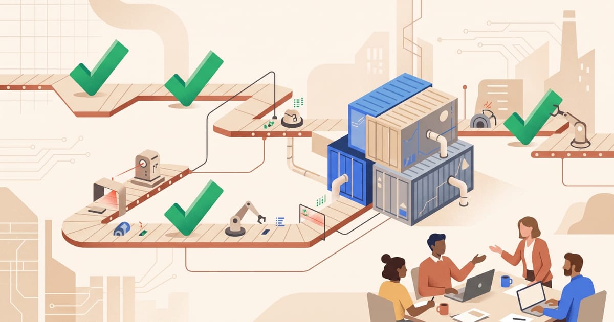 Illustration of a delivery pipeline with green validation checks and containers, and a team talking around a table
