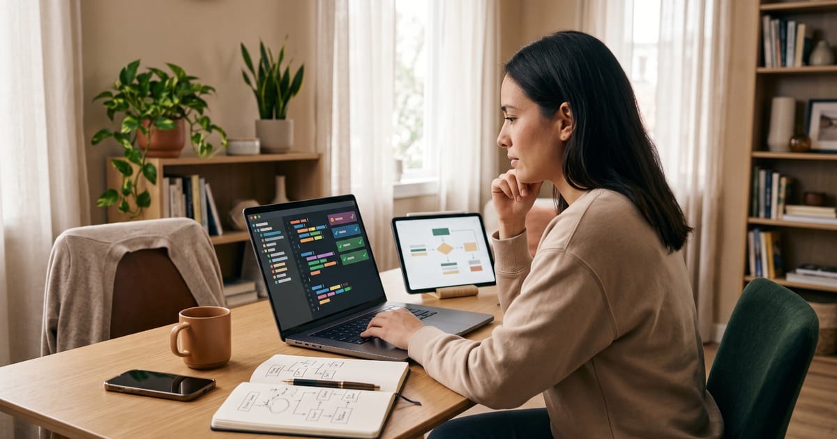 Testeuse QA concentrée devant son ordinateur portable, avec un schéma de test sur tablette et un carnet de notes sur la table
