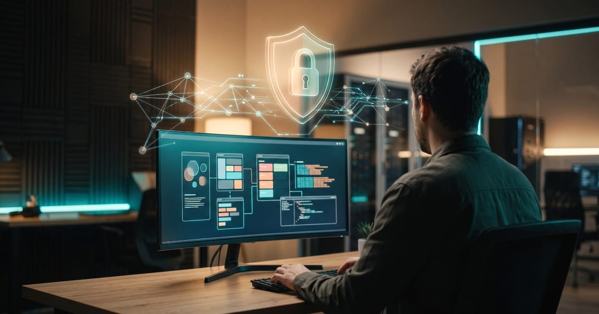 Testeur de sécurité devant un écran large, avec un bouclier et un cadenas lumineux au-dessus d'un réseau de points connectés