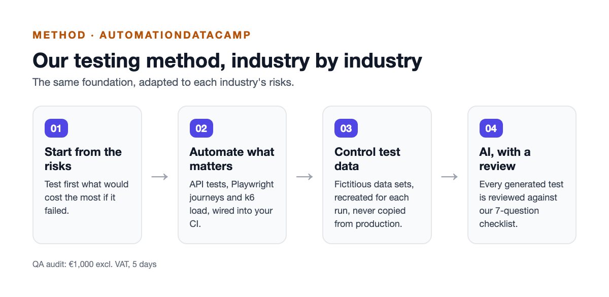 Diagram: our testing method in 4 steps — start from the risks, automate what matters, control test data, AI with a review